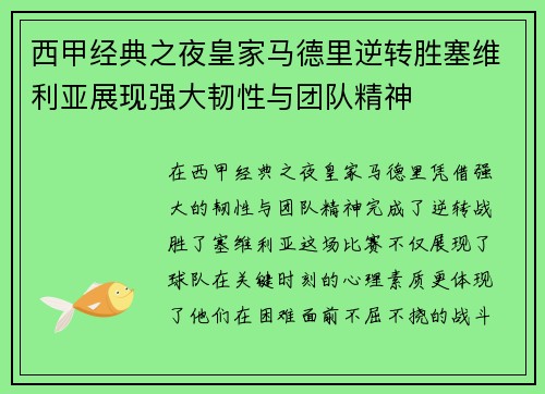 西甲经典之夜皇家马德里逆转胜塞维利亚展现强大韧性与团队精神